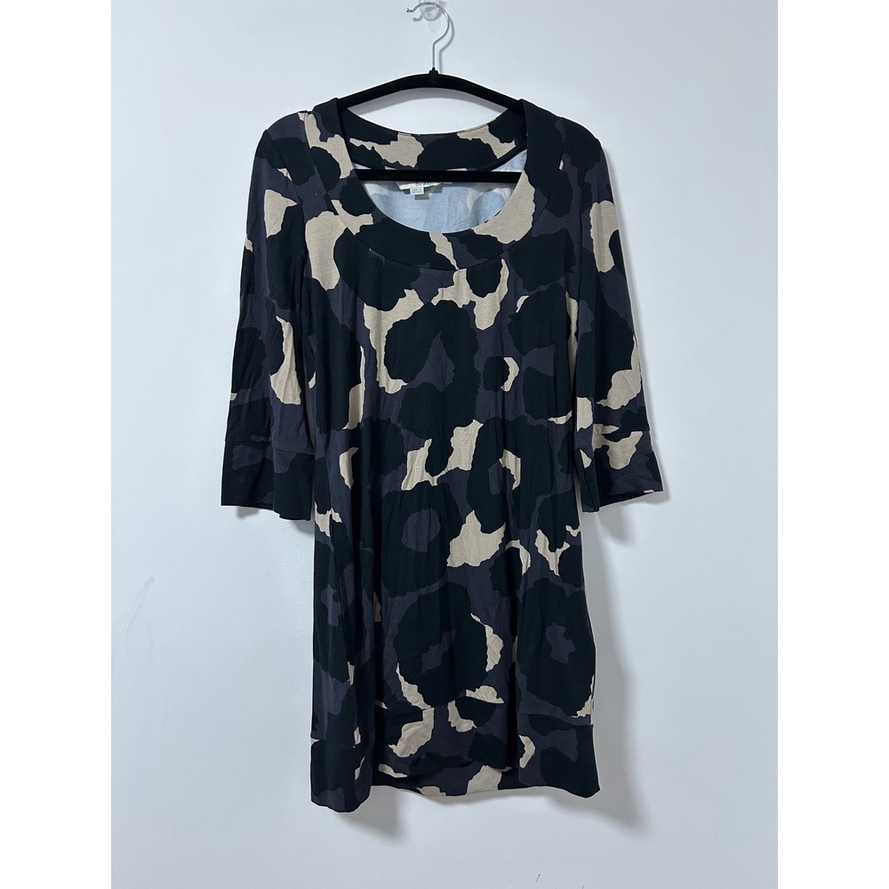 Boden Womens Abstract Print 3/4 Sleeve Shift Dress Black Tan WL622 US 6